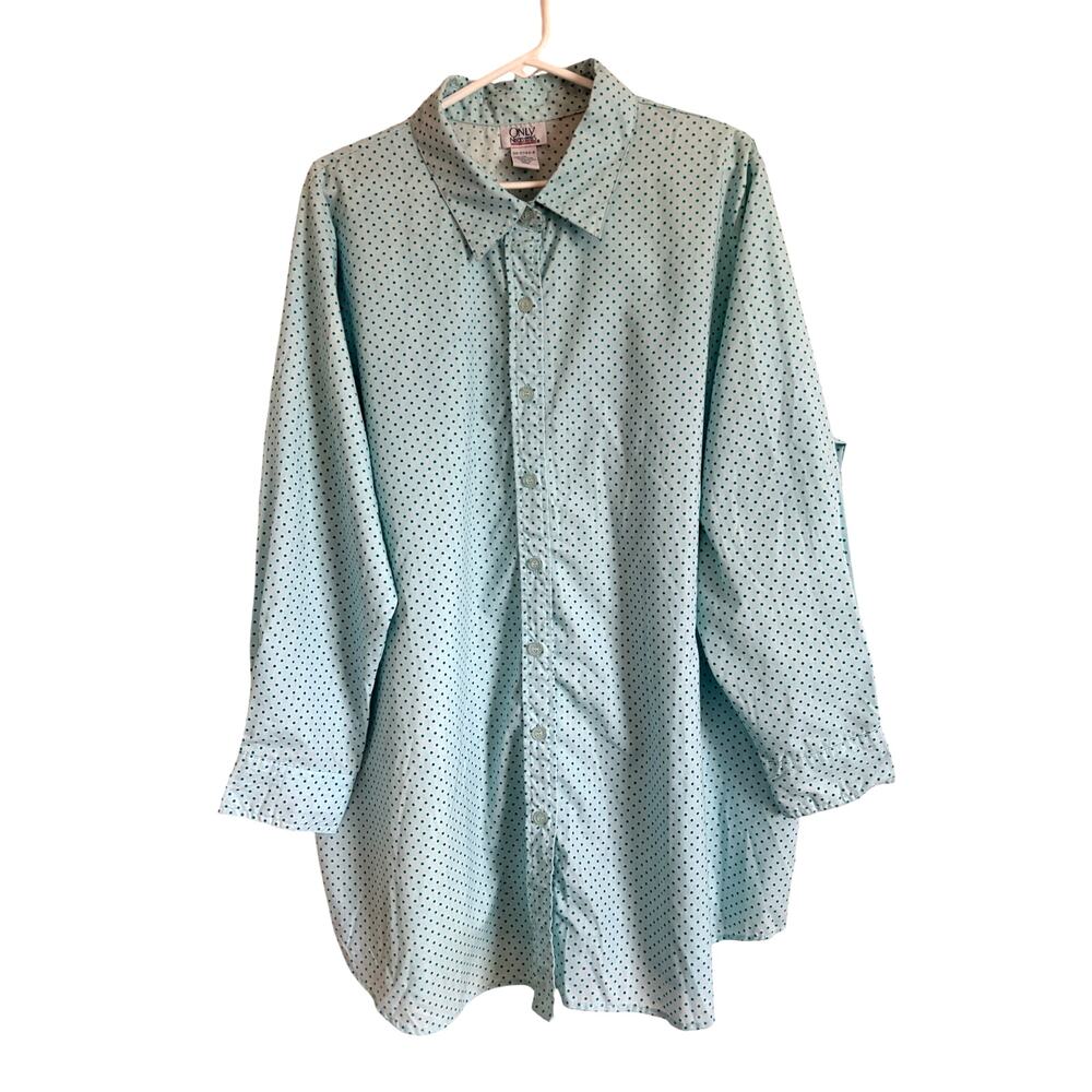 VTG Y2K Only Necessities Button Down Shirt Aqua Polka Dot 1X Twee Indie Sleaze